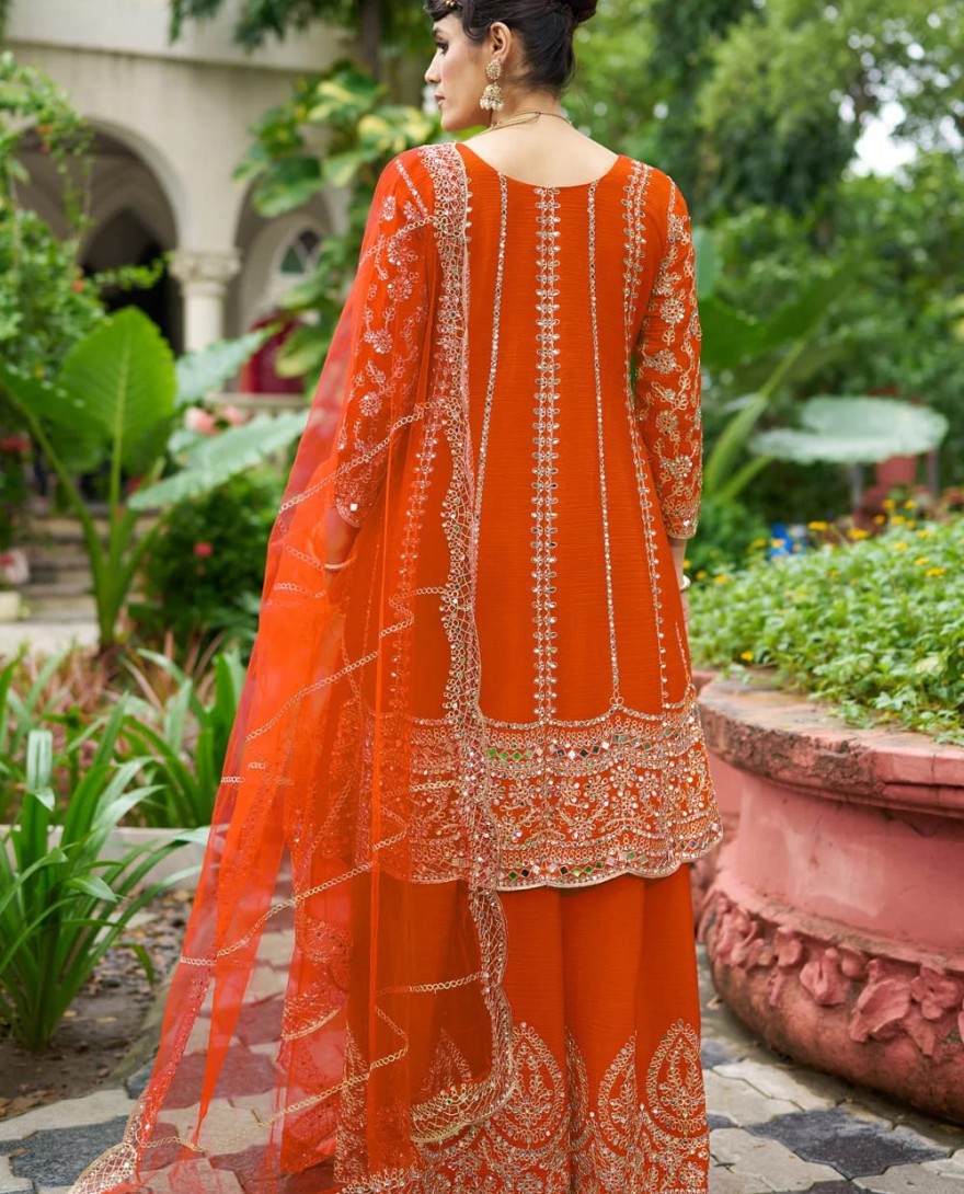 ORANGE - Scintillating Orange Chinon Palazzo Salwar Suit